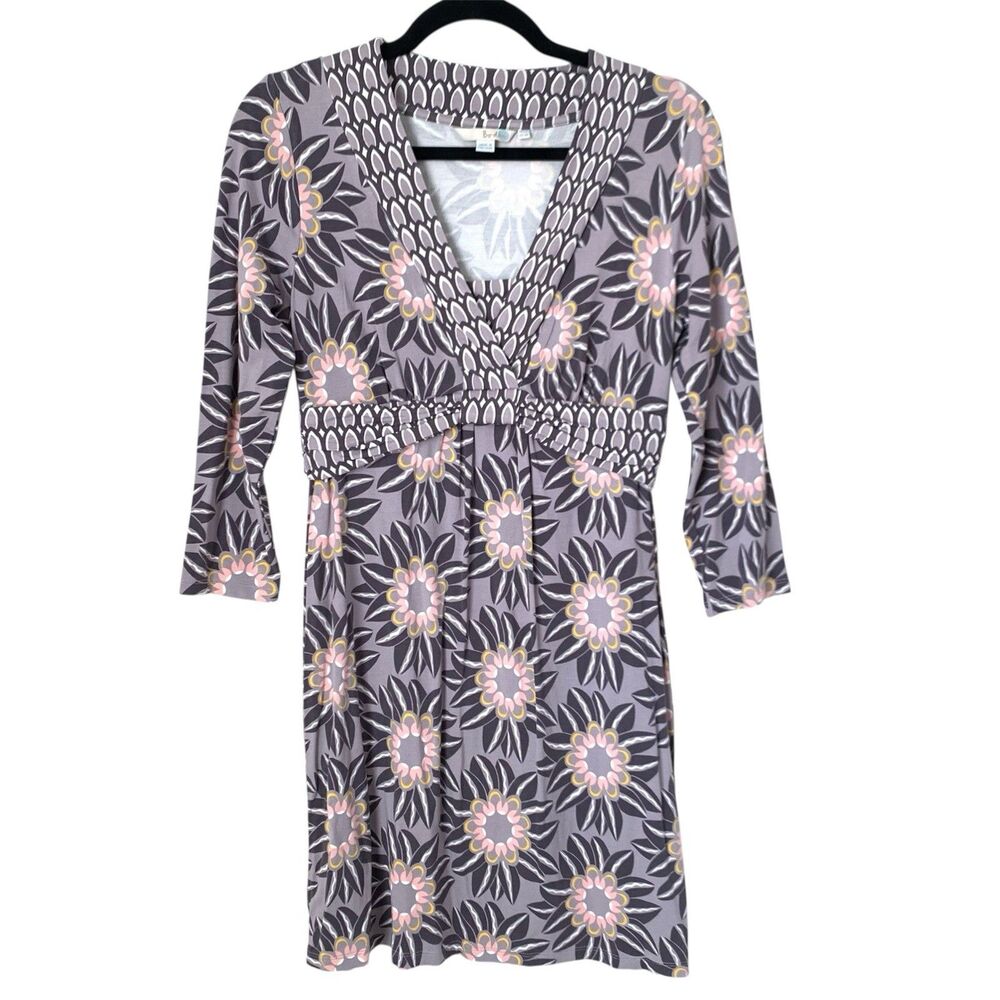 Boden Dress Women 8 Grey Pink 3/4 Sleeve Floral V-Neck Empire Waist Jersey Artsy